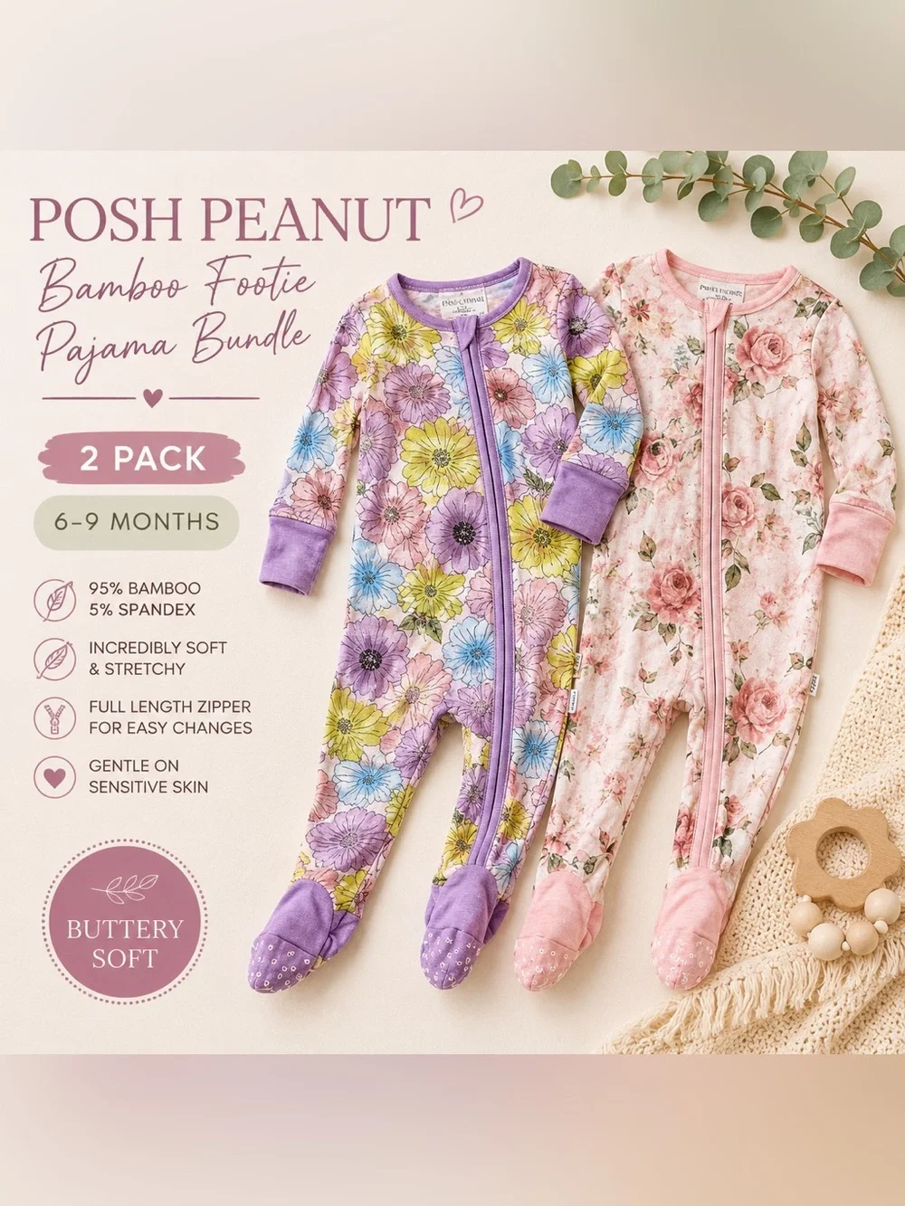 Posh Peanut Bamboo Floral Footie Pajamas Bundle 6-9M